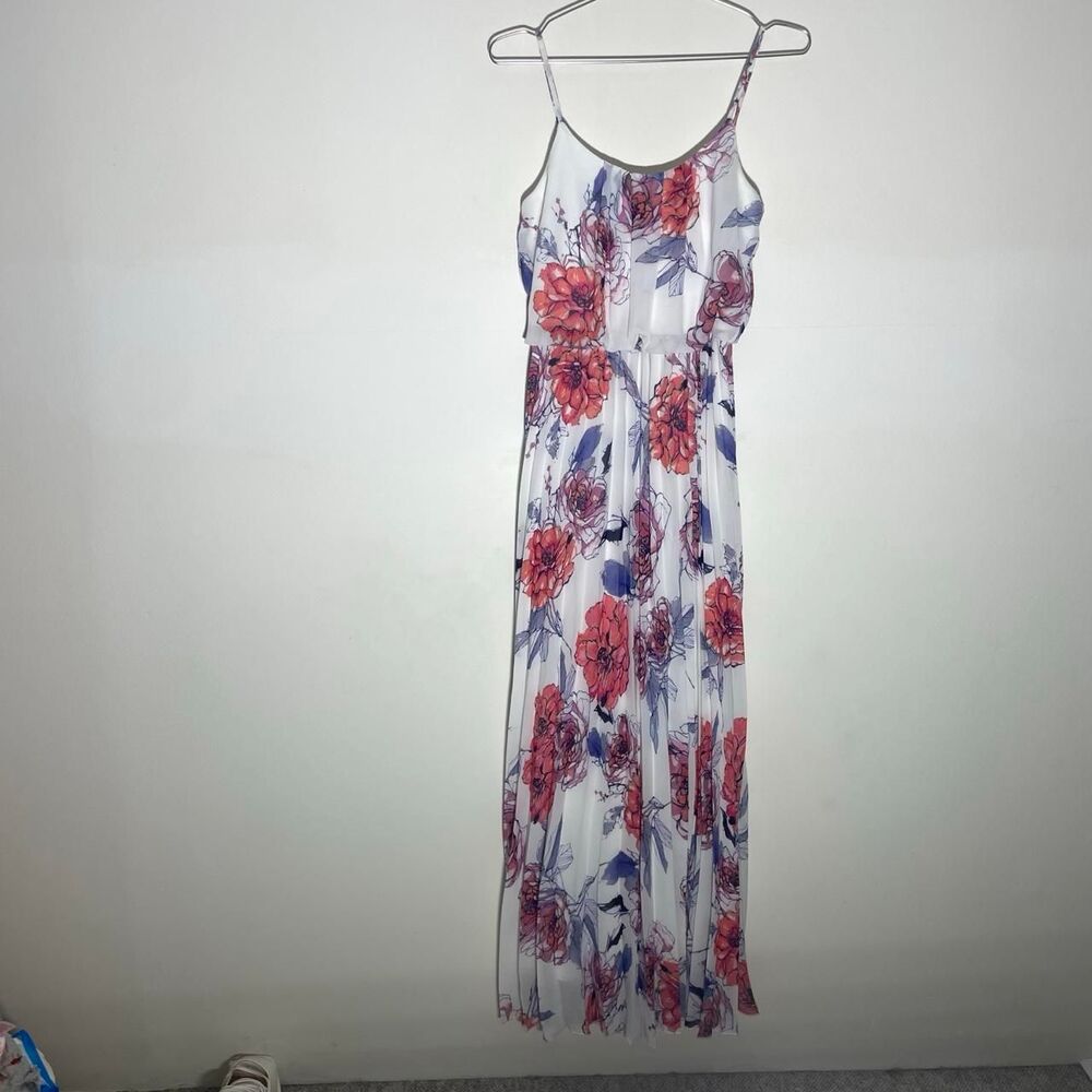 Bisou Bisou red and blue floral white maxi dress Sz 2 Flowy Vacation Sundress